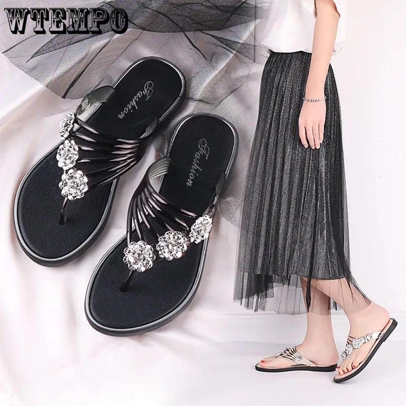Женские сандалии с открытым носком, тапочки высокого качества, Нескользящие шлепанцы, женская летняя повседневная пляжная обувь с кристаллами, большого размера