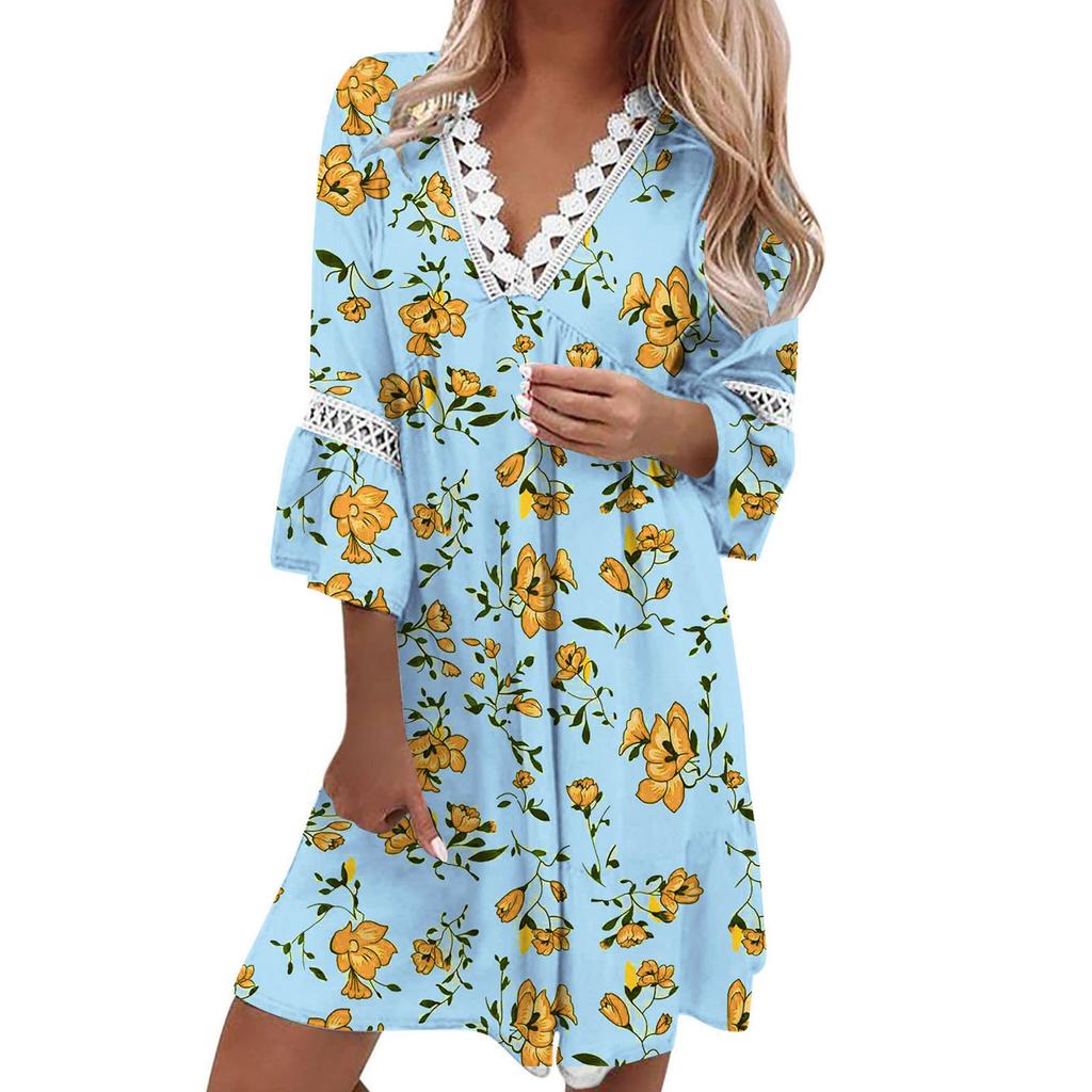 Женское кружевное лоскутное платье с v-образным вырезом в богемном стиле, повседневное курортное платье, женское платье