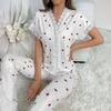 Women's Cherry Print Pajama Set Short Sleeve Button Front Top Long Pants Sleepwear Set Lace