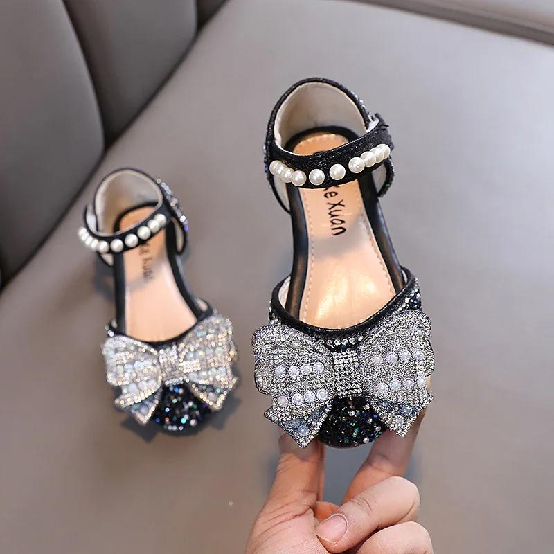 Girls Sequins Flats Sandals Fashion Spring Summer Children Princess Shoes Rhinestone Bowknot Kids Party Wedding Single Shoes