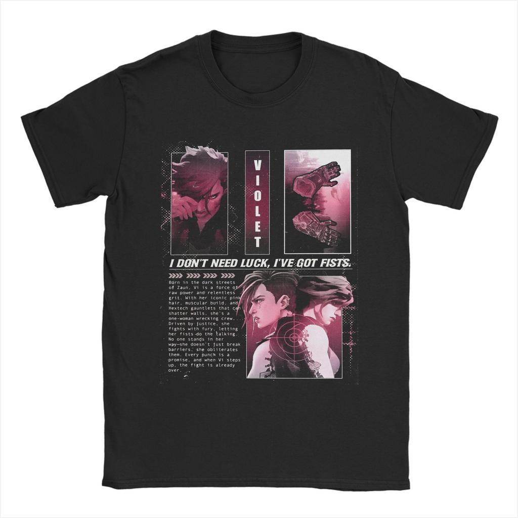 Crazy Arcane Poster Jinx Vi Sister T-Shirt for Men Crewneck Cotton T Shirts Anime Game Short Sleeve Tees Plus Size Merch