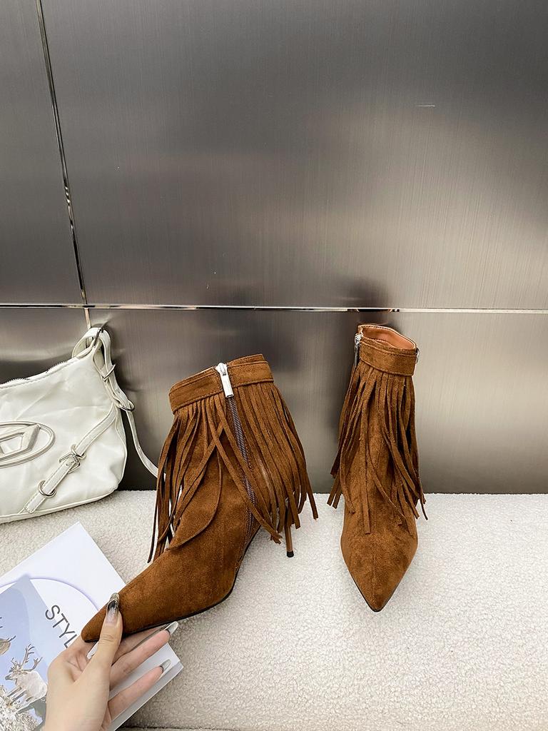 Модные женские ботильоны с острым носком из флокированной замши 2024 года, новые поступления, черные, коричневые, фиолетовые, зимние короткие ботинки челси, размер 35-40