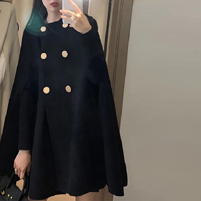 Autumn and Winter Double Breasted Women Cape Coat Loose Pure Color Female Overcoat Fashion Elegant Lapel Lady Oversized Poncho