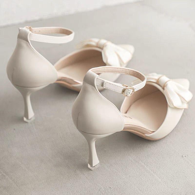 French Medium Heel Stiletto Pointed High Heels 2025 Summer New Fairy Shoes Gentle with Skirt Bow Single Shoes Women