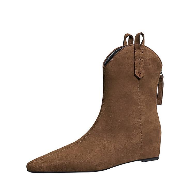 Woman Leather Short Boots Square Head Low-barrel Elastic French Style Short Boots 2024 Autumn Chic Back Zip Casual Short Boots