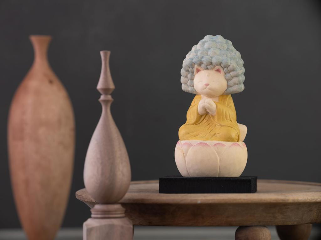 Cat Buddha Five Kalpa Contemplation Amida Original Sculptor and Butsuya Sakai Wooden Carving Buddha Statue Lucky Feng Shui Ornament Buddha,