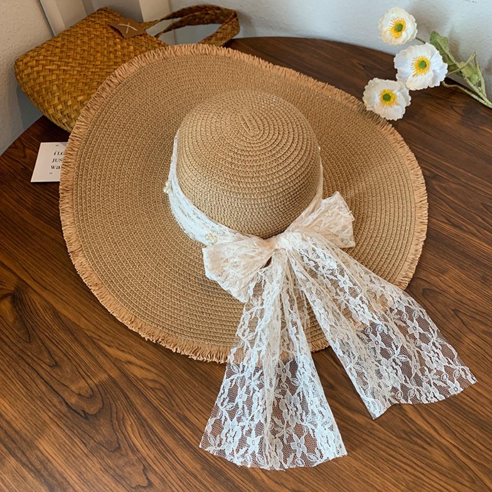 Весна-лето кружевная соломенная шляпа с жемчугом во французском стиле для женщин, соломенная шляпа с бантом и лентой для девочек