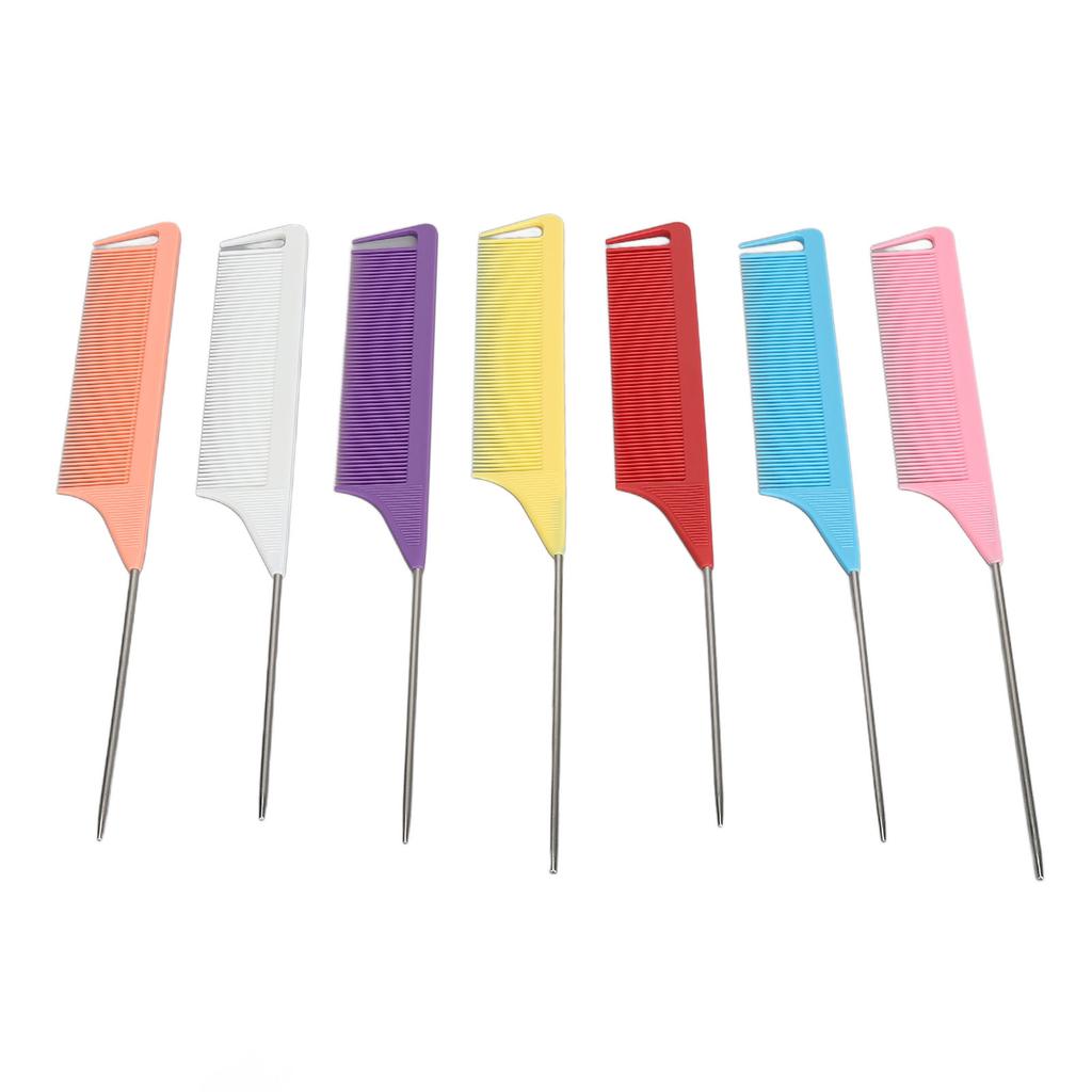 Набор расчесок с крысиным хвостом 7 цветов Парикмахерская расческа с мелкими зубьями из нержавеющей стали с хвостиком Термостойкая расческа с хвостиком для пробора