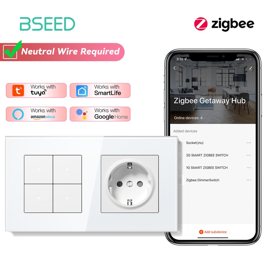 BSEED ZigBee Выключатели Настенные Умные Щелчковые Выключатели Света Желтая Подсветка Стеклянная Рамка Приложение Tuya Выключатель EU Настенные Розетки с USB