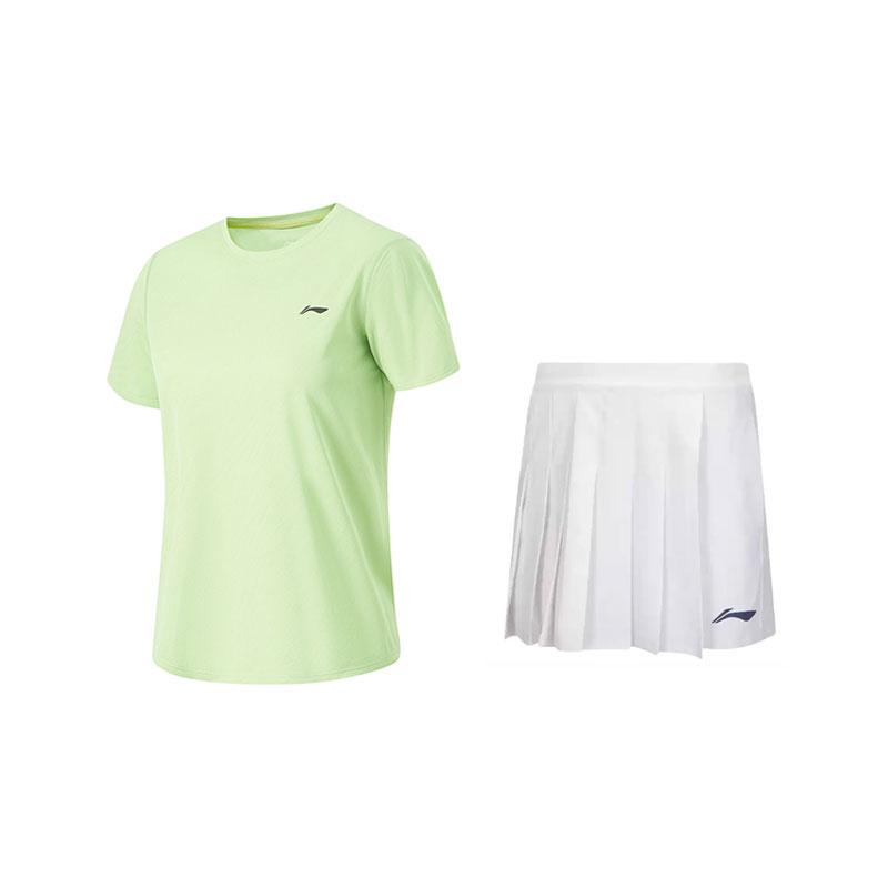 Li Ning Модный Дышащий Легкий Прохладный Короткий Рукав Удобный Комплект Юбка Женские комплекты Лаврово-Зеленый Стандартный-Белый U060-6+V014-2