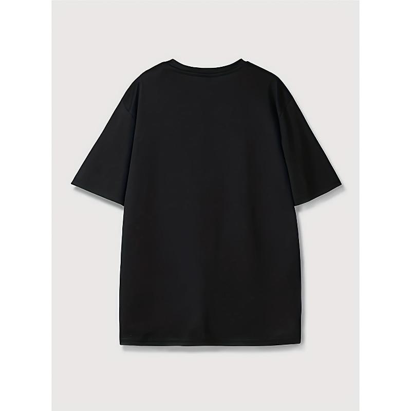 Womens Black White Daisy Print Tee Loose Round Neck Short Sleeve Smock Closure Breathable Soft Machine Washable Summer