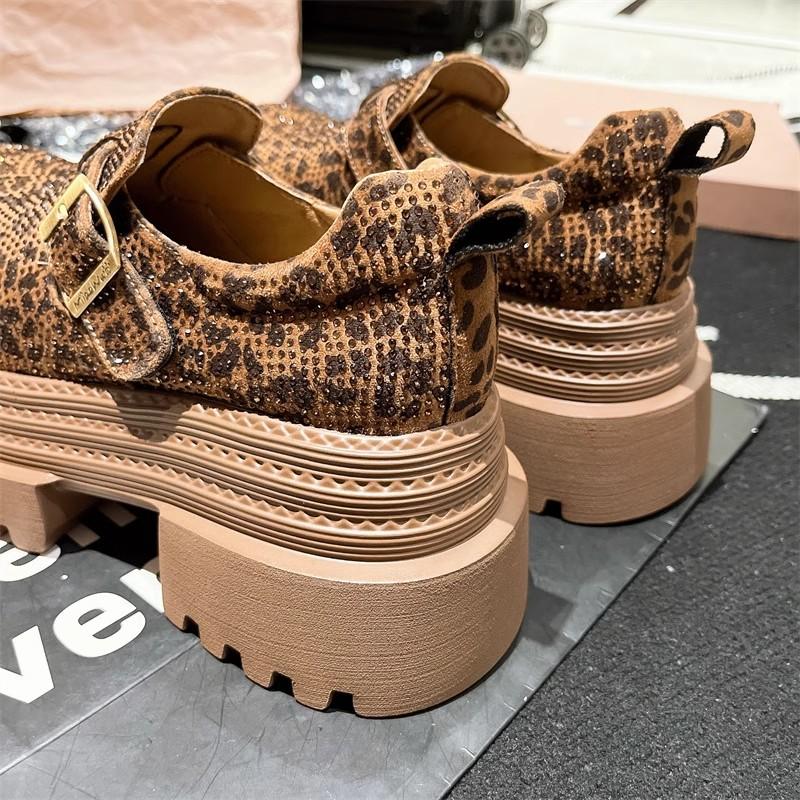 Fashion Spring Chunky Shoes Women's Fashion Round Head Deep Mouth Crystal Leopard Print Metal Buckle Waterproof Platform Heels