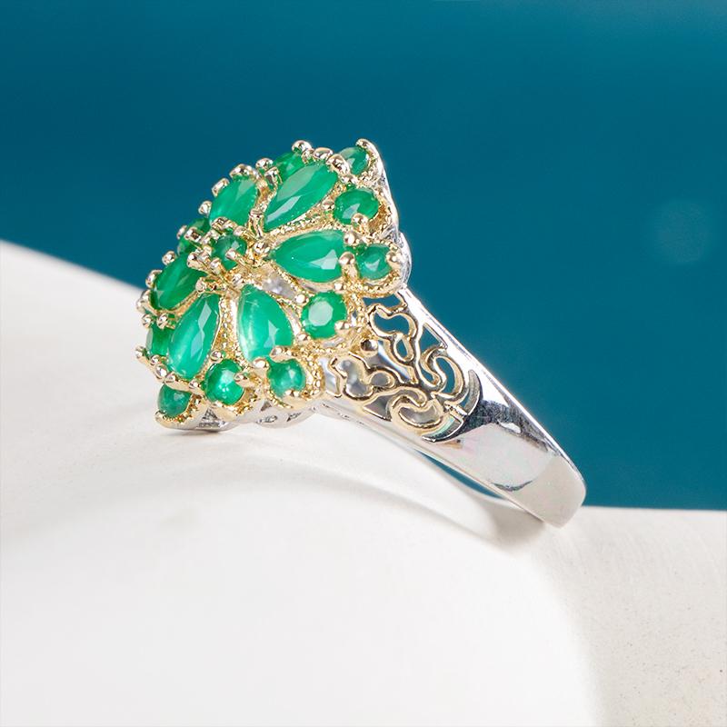 Bella Box Luxury Emerald Two Tone Electroplated Flower Ring Shape Lady Dance Party Rings Statement Jewelry For Women