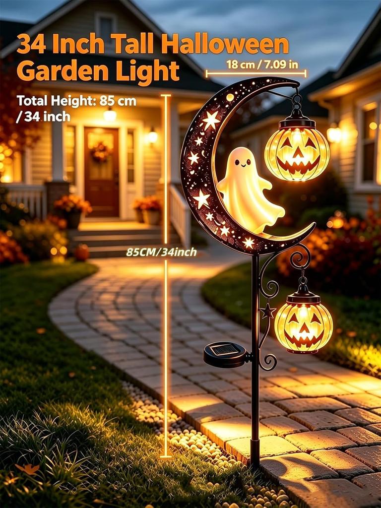 Pumpkin Moon Garden Stake Light, 34inch Halloween Solar Lights Outdoor Moon Width: 7 Inches, Waterproof, Two Pumpkins Light with Black Cat / Ghost