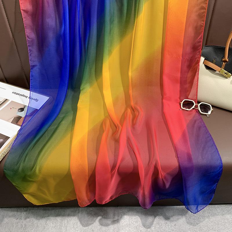 Rainbow Color Simulation Silk Yourou Yarn Women's Commuting Light Luxury Fashion Temperament Large Size Sun Protection Gorgeous Scarf Silk Scarf