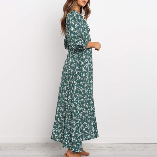Женское платье макси с цветочным принтом, длинными рукавами и V-образным вырезом, с высокой талией