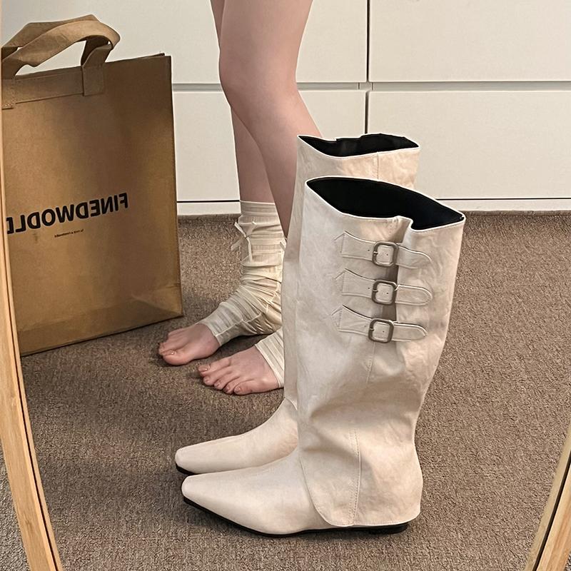 Fashion Cosy Soft Leather Women Knight Long Boots Fashion Button Combination Splicing Female Western Cowboy Booties