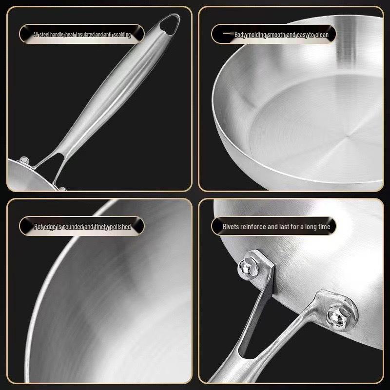 Cross 304 Stainless Steel Triple-Layer Wok: Induction & Gas Compatible Flat-Bottom Frying Pan, Coating-Free.