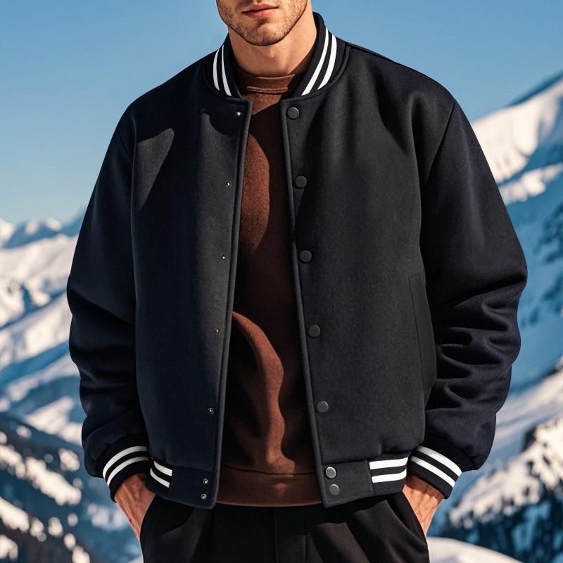 Men's American Style Stand Collar Baseball Jacket & Long Pants Set, Fleece Lined Loose Casual Sports Outfit for Autumn Winter