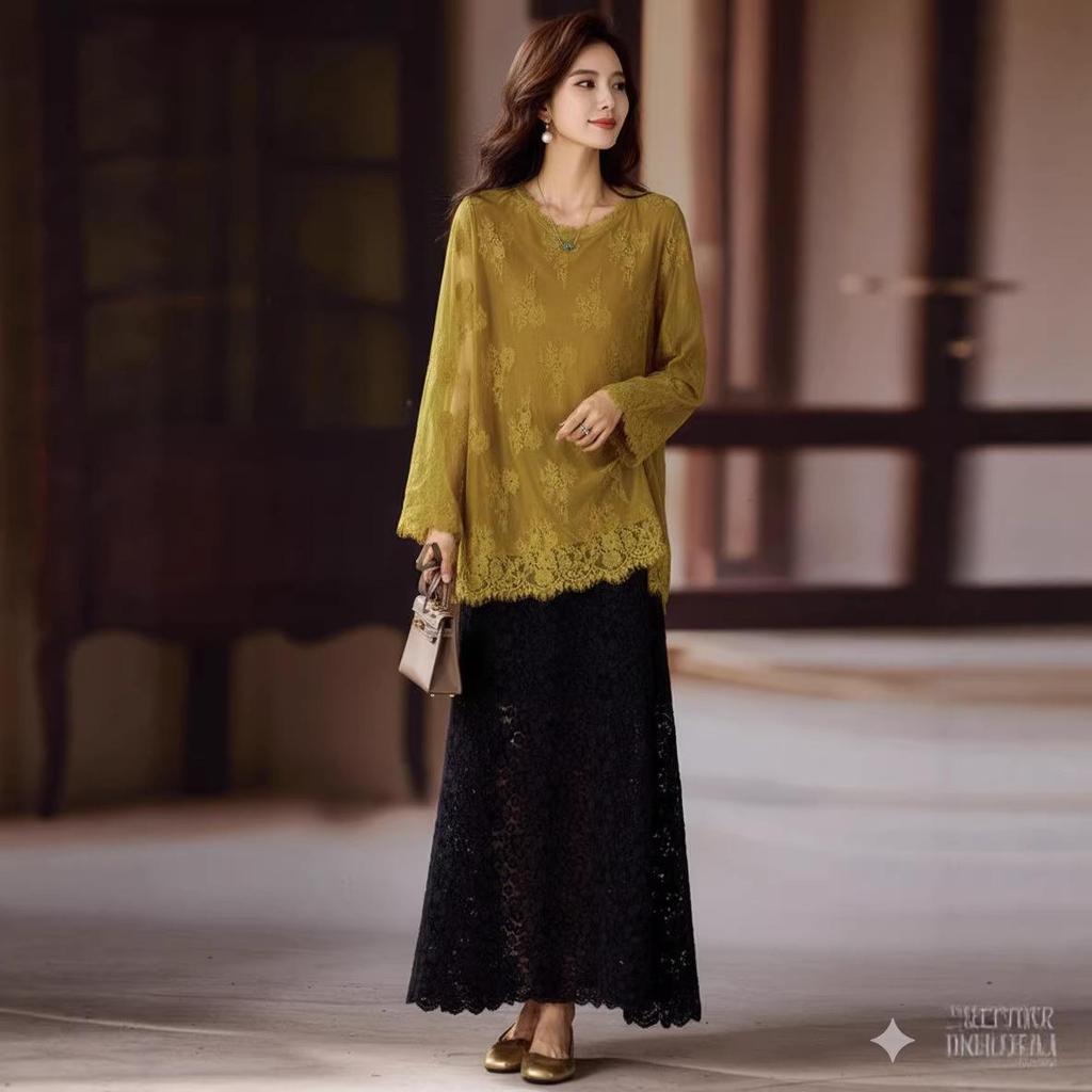 Стильный женский кружевной полый свободный топ-накидка большого размера, осень 2025