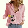 Women Fashion Buttoned Shirt Spring&summer Thin Cotton Linen Top Casual Cat Print Long Sleeved Blouse