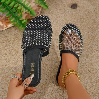 Модная горячая женская обувь 2024 года, новые роскошные женские туфли с круглым носком и бриллиантами, женские сандалии с эластичными сетчатыми носками, тапочки