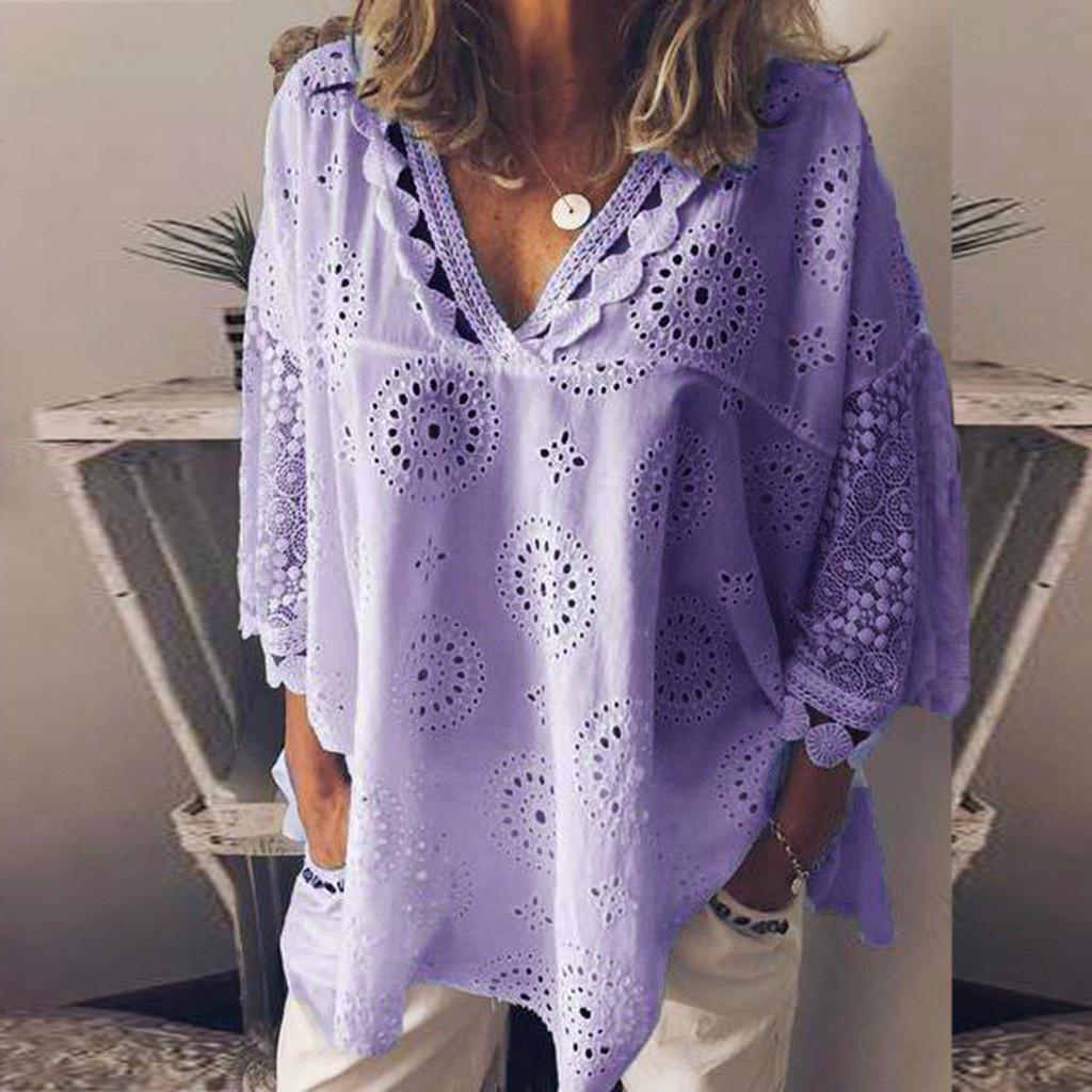 Women Half Sleeve Cotton Linen Hollow Out Lace Patchwork T-Shirt Blouse Tops