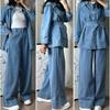 Denim Pant Set Women Two Piece Sets Turn Down Collar Mom Jeans High Waist Belt Tops Wide Leg Long Pants High Waist Matching Sets