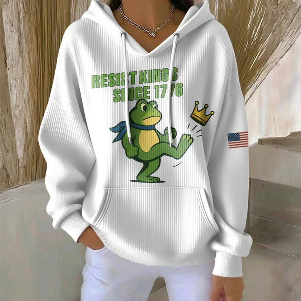 Женское свободное и удобное худи с принтом, V-образным вырезом и длинными рукавами на кулиске