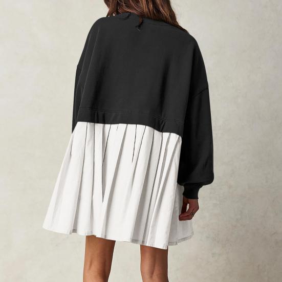 Женское платье Плиссированное платье-свитер с круглым вырезом в стиле пэчворк Свободное платье-свитер с длинными рукавами А-силуэт Большой свободный свитер Мини-платье осень-весна