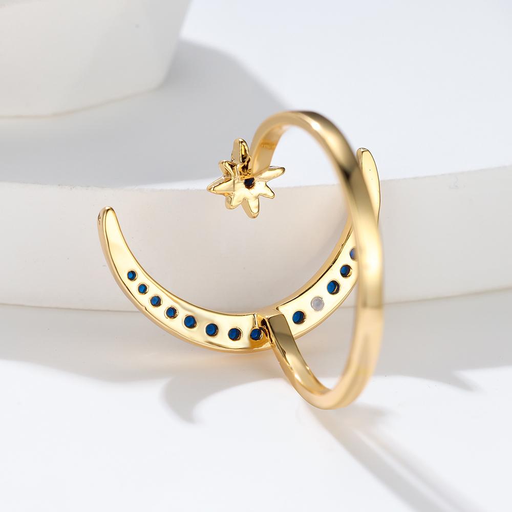 Boho Minimalist Blue Stone Female Stacking Star Moon Rings For Women Gold Color White Crystal Opening Ring Wedding Bands Gifts