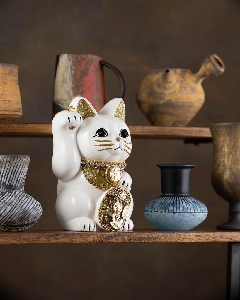 Счастливый кот Миллионер Кот-правая рука Счастливый кот Манеки Кот Счастливый фэн-шуй Украшение Коробка для пожертвований (M-SIZE Белый) Поднятый/Керамический_Lucky (ml_M Белый)