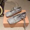 Fashion Women's Rhinestone Flat Shoes Fall New Soft Square Head Shallow Mouth Sole Lacing Ballet Mary Jane Shoes