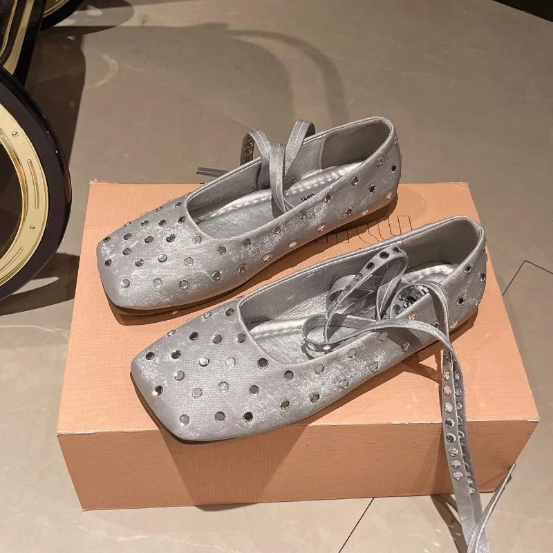 Fashion Women's Rhinestone Flat Shoes Fall New Soft Square Head Shallow Mouth Sole Lacing Ballet Mary Jane Shoes