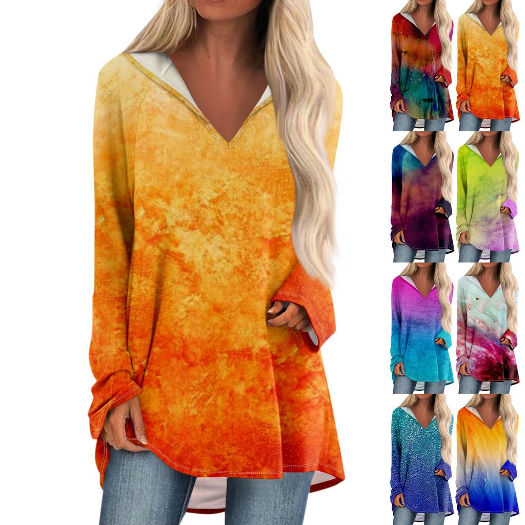 Women's V-neck Hooded Loose Long-sleeved Tops Casual Tops Home Leisure Pajamas Tops