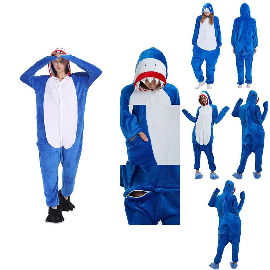 Взрослый Костюм Косплей Синяя Акула Животное Фланелевая Пижама Комбинезон Одежда для Сна Удобный Мягкий Теплый