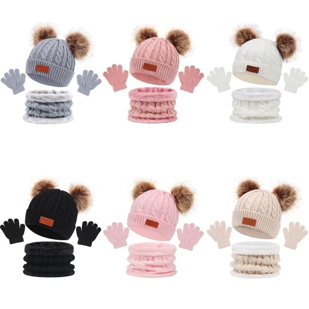 3pcs/set Comfortable Toddler Bonnet Cute Pompom Knitted Hats Kids Hat Set  Autumn Winter