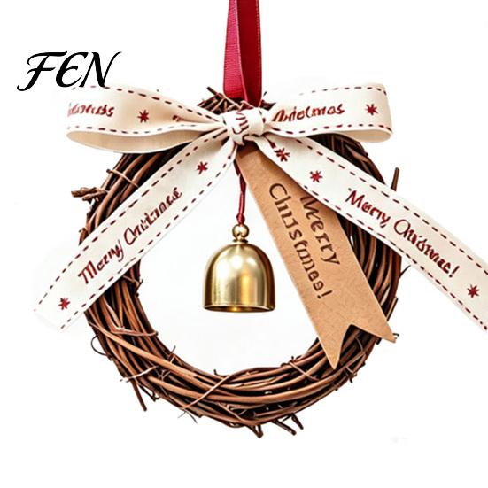 Indoor Festive Atmosphere Decor Christmas Bell Rattan Wreath Hanging Ornament, Rustic Door Handle Wind Retro Style Holiday Decorations Chime