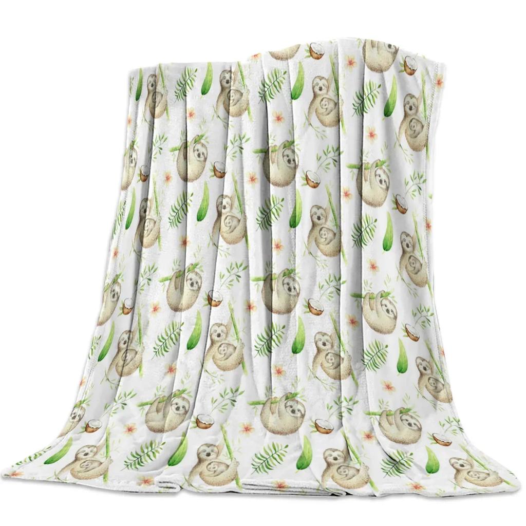 Blanket Sloth Leaves Cute Animal Cartoon Tropical Forest Hawaiian Forests Flannel Blanket Soft Throw Sofa Bed Travel Blankets