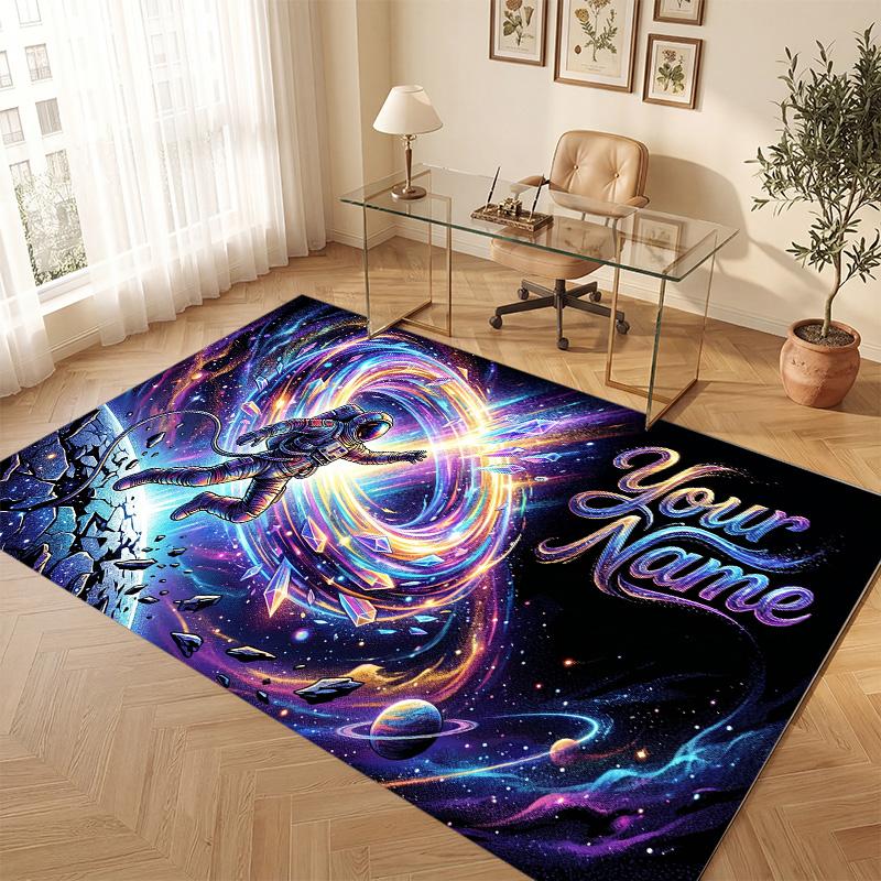 Astronaut Space Theme Soft Crystal Velvet Rug Custom Name & Text Print Non Slip Floor Rug for Bedroom Living Room