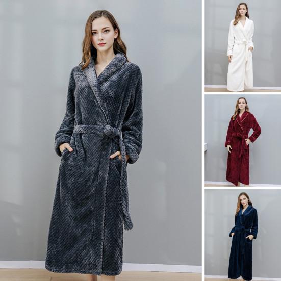 Парная зимняя ночная рубашка из плотного кораллового флиса, теплая, со шнуровкой, регулируемым поясом, отложным воротником и карманами, отличная впитываемость воды, средняя длина, женская домашняя одежда