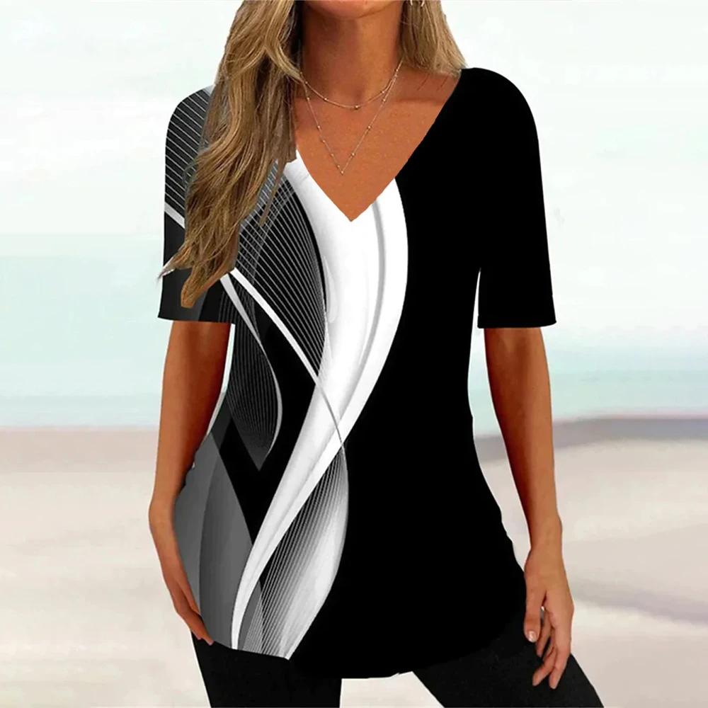 2024 Новые женские футболки с принтом Футболки Женские топы с V-образным вырезом Пуловеры Повседневная мода Уличная одежда Топы с коротким рукавом Летняя одежда