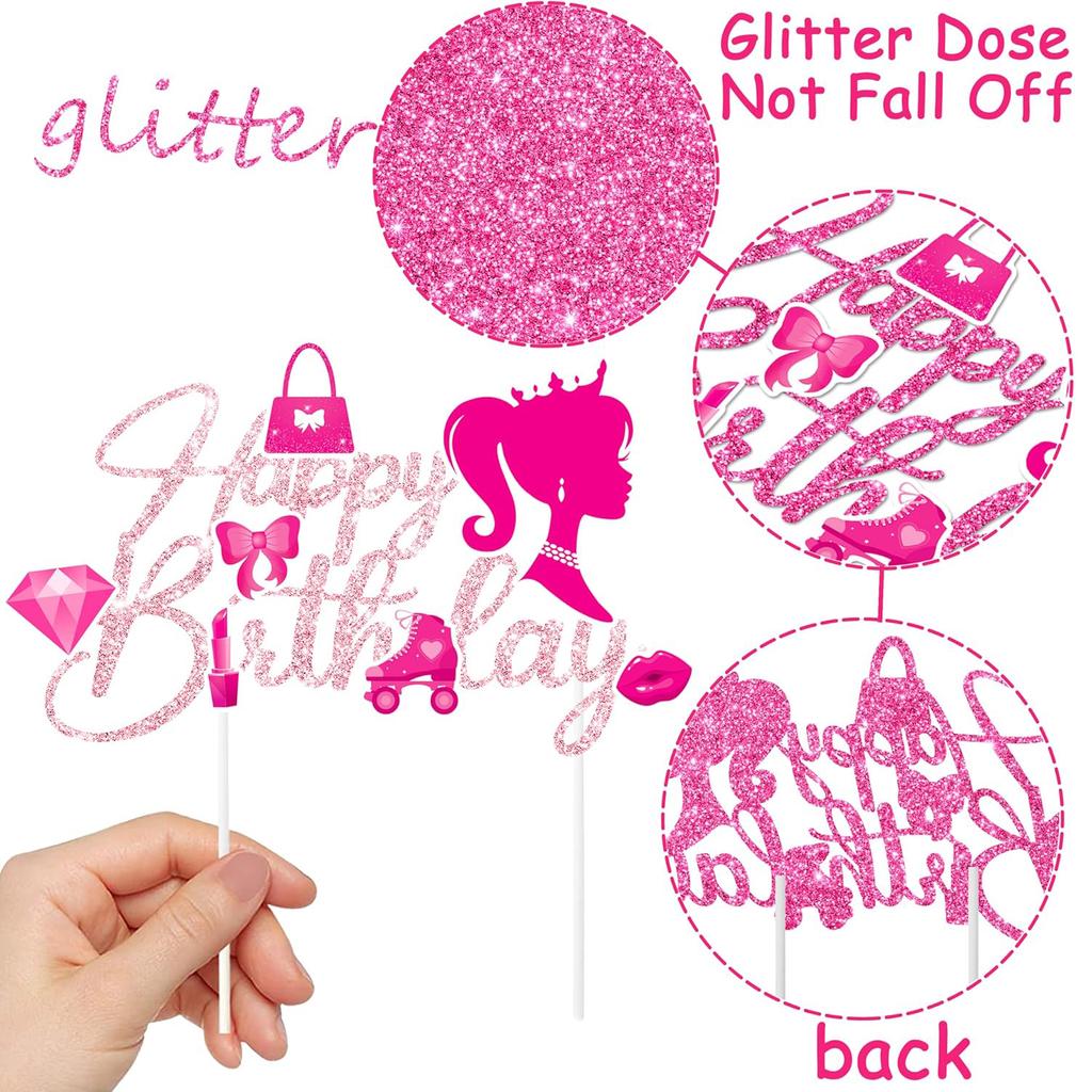 Hot Pink Princess Happy Birthday Cake Topper Pink Birthday Party Decoration for Girls Women Birthday Bridal Shower Bachelorette