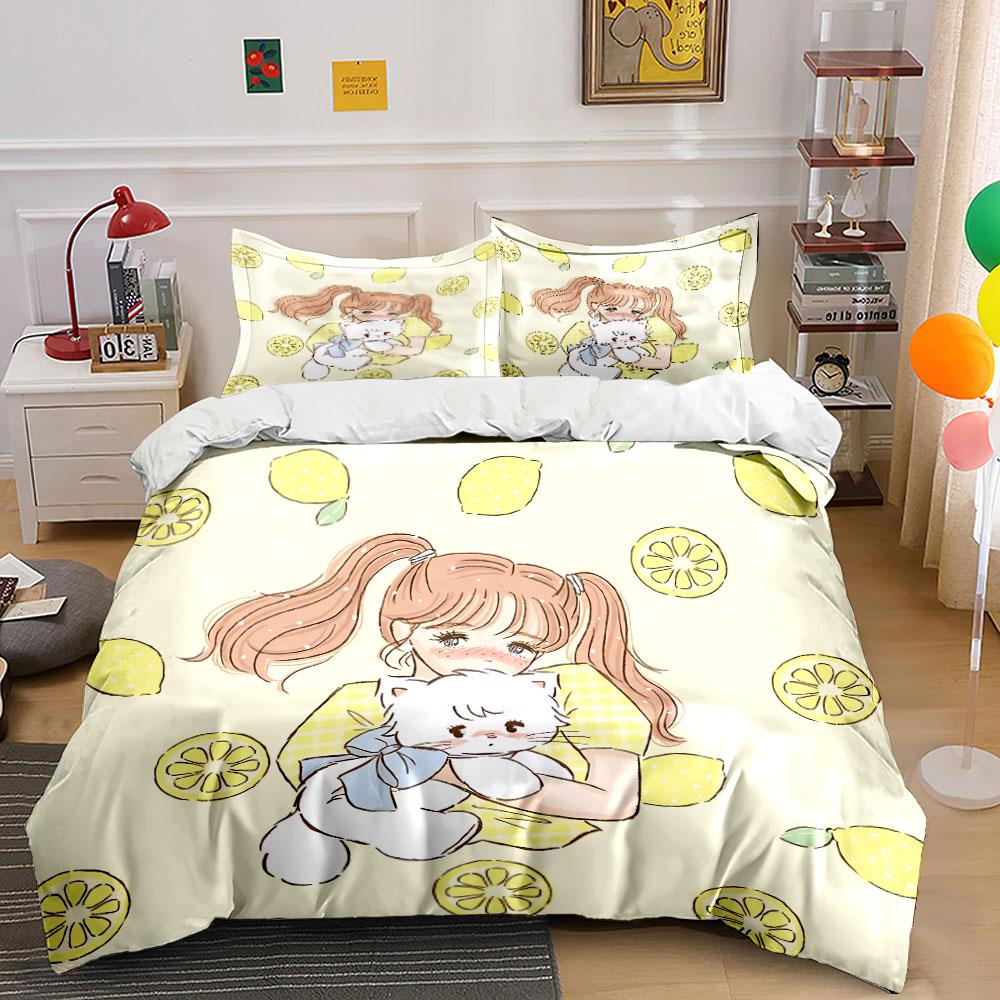 Lemon Girl with White Cat Bedding Duvet Cover Set Duvet Cover Pillowcases (1*Duvet Cover 2*Pillowcases, without duvet insert)