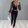 Women Jumpsuit Rhinestone See-through Mesh Chain Decor Slim Fit V Neck High Waist Solid Color Formal Commute Style Long Jumpsuit