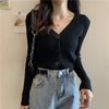 Women Autumn V Neck Long Sleeve Solid Color Cropped Single Breasted Sweater Slim Cardigan Knitwear
