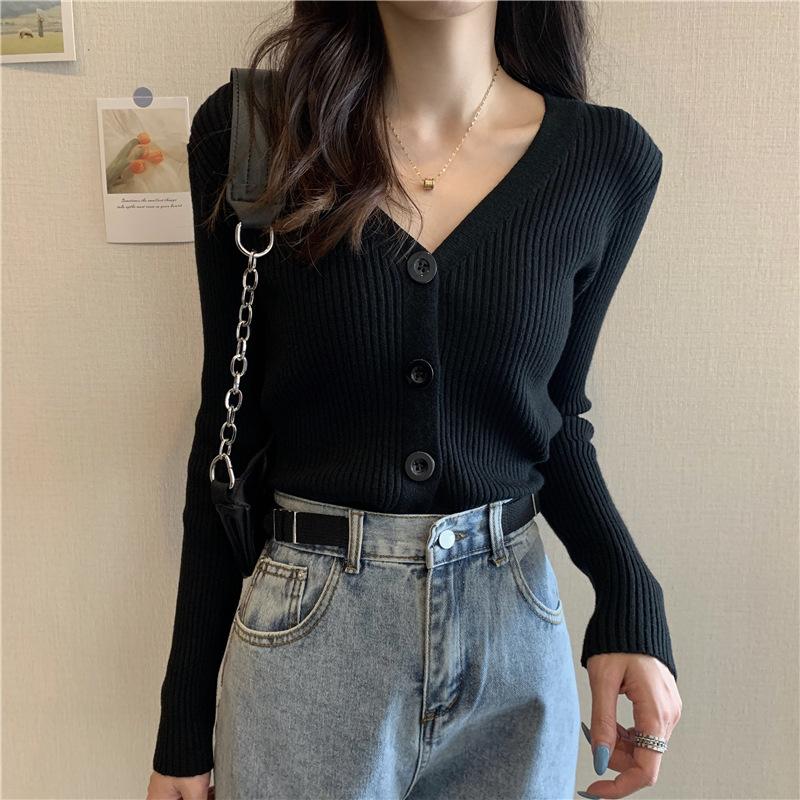 Women Autumn V Neck Long Sleeve Solid Color Cropped Single Breasted Sweater Slim Cardigan Knitwear