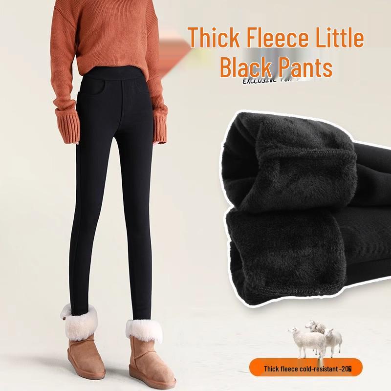 Женские зимние черные леггинсы на флисовой подкладке - Толстый хлопок из овечьей шерсти, Облегающий крой, Стиль осень/зима 2025