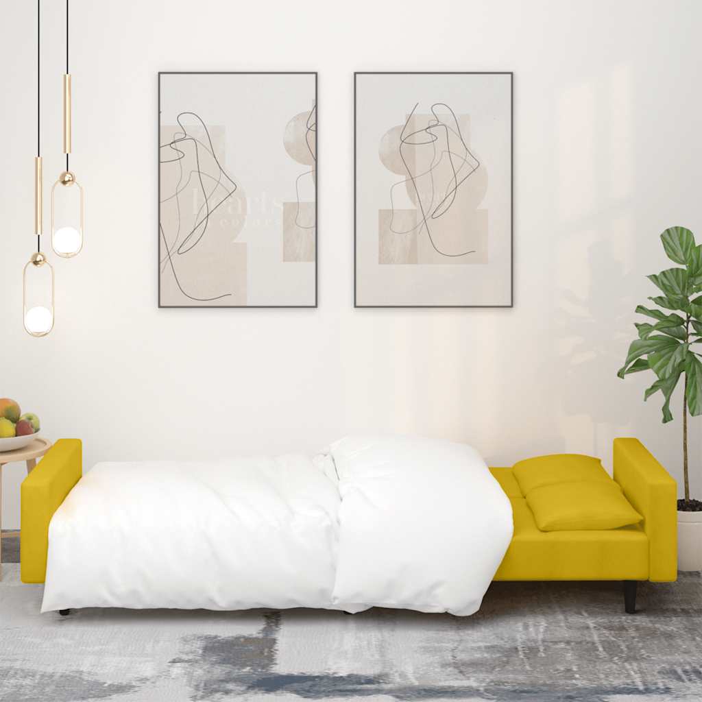 2 Seater Sofa Bed with 2 Cushions Yellow Velvet