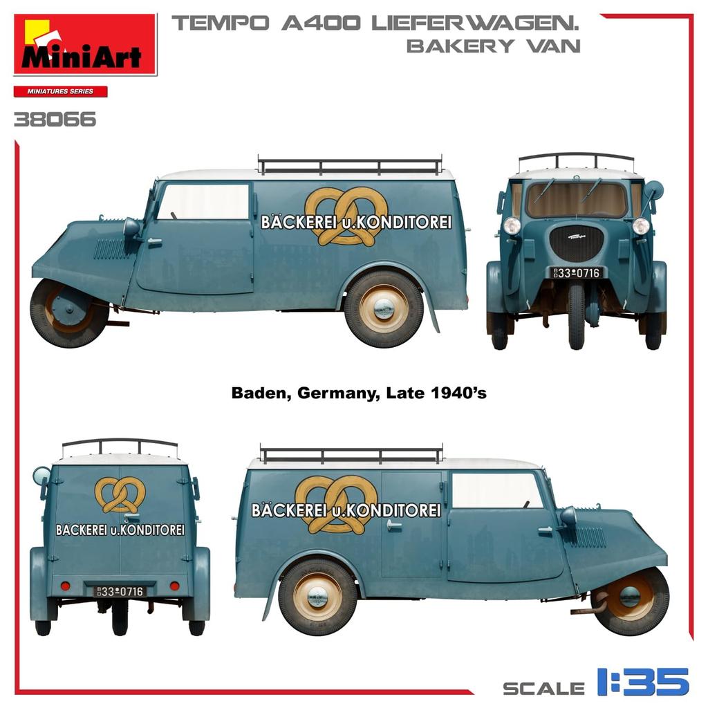 Пластиковый фургон для пекарни Miniart Tempo A400 Liefer Wagen, пластиковая модель MA38066, 1/35